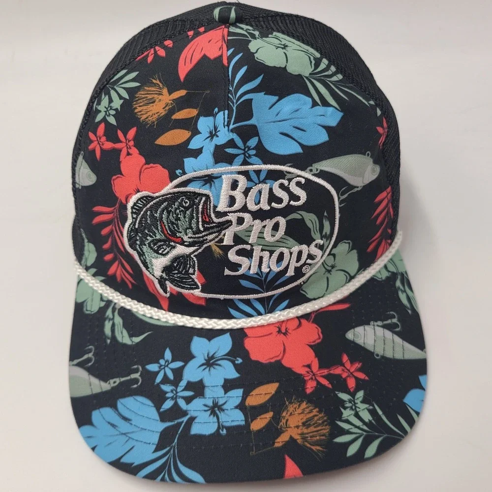 Bass Pro Shops Hat Snapback Trucker Mesh Black Floral Rope Tropical Fish Outdoor
